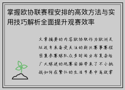 掌握欧协联赛程安排的高效方法与实用技巧解析全面提升观赛效率